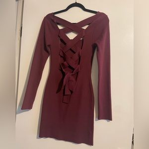 Plum colored sweater dress with lace up back-